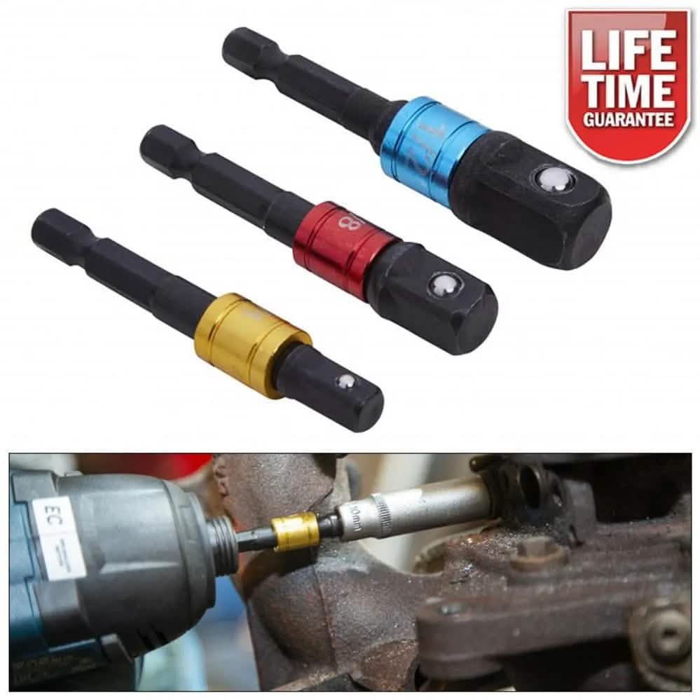 Impact Socket Adaptor Set 1/4 3/8 1/2 Colour Coded Cr-V Lifetime Warranty 3Pc